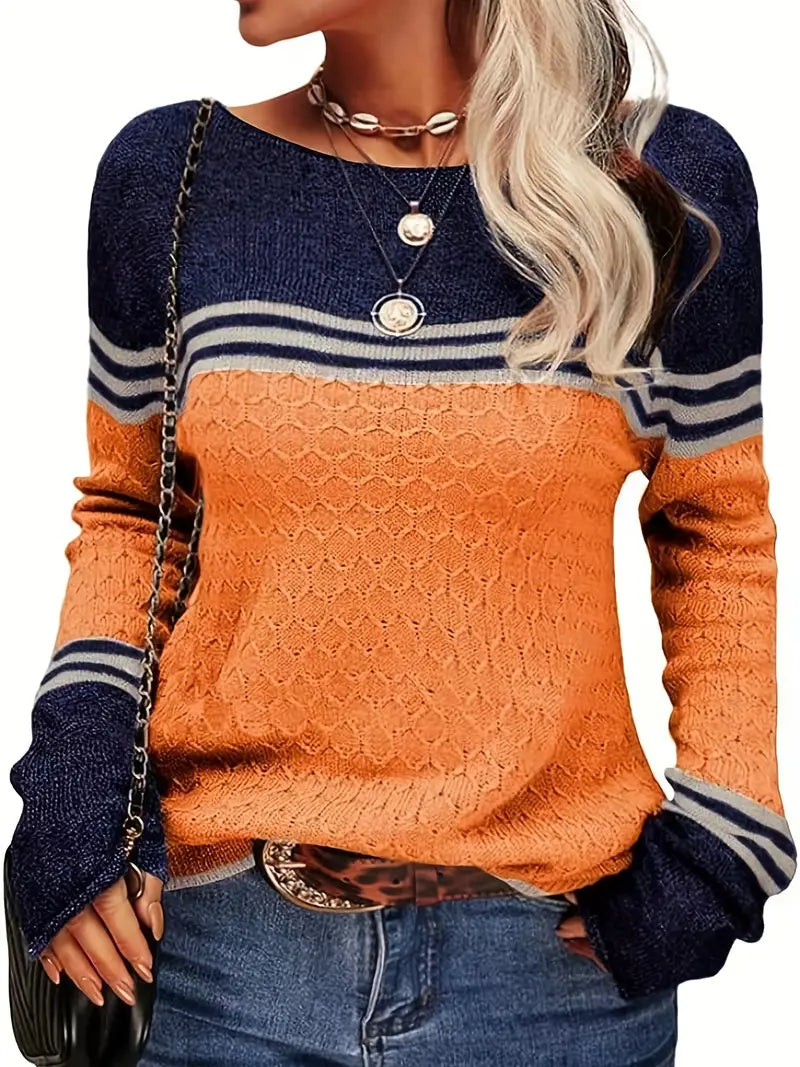 Mya – Trendy Farbblock Streifen Crew Neck Pullover